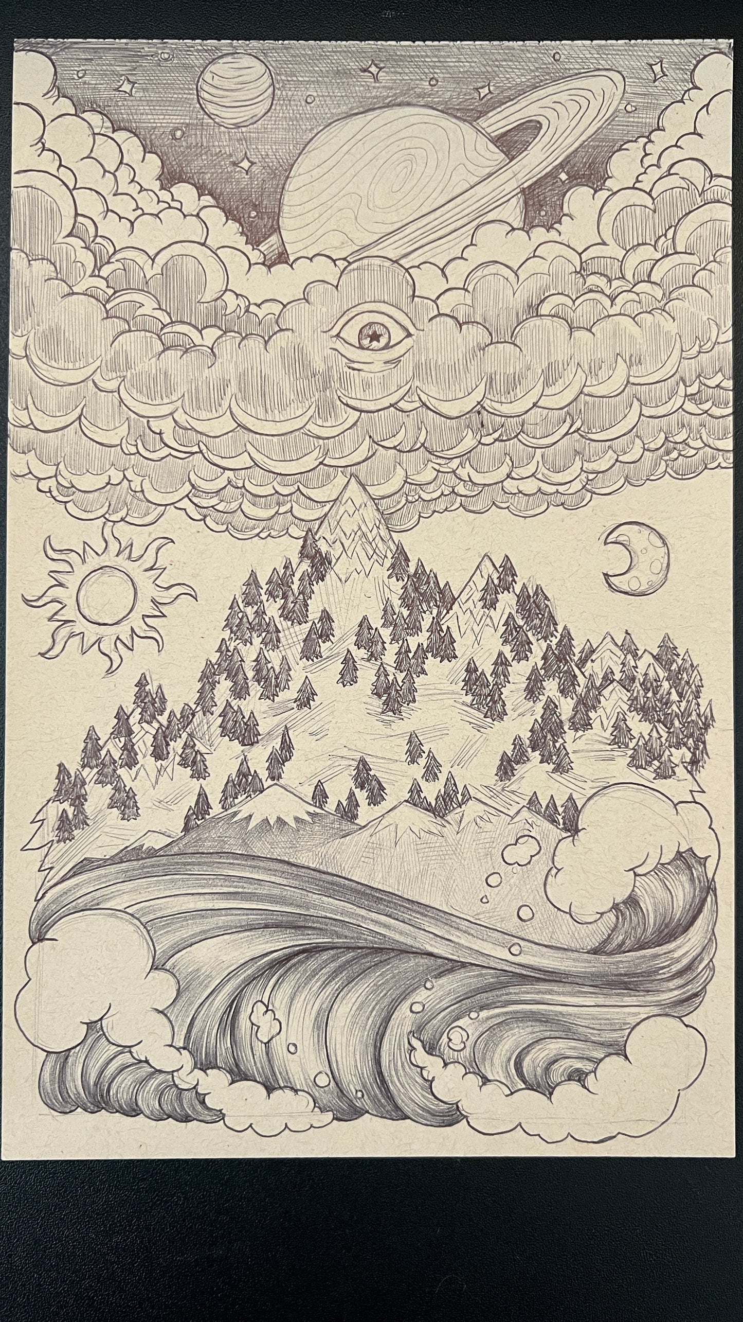 Illustration of a mountain landscape with celestial elements like planets and moons.