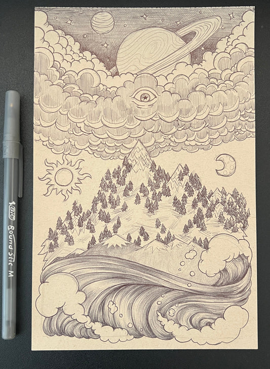 Illustration of a landscape with trees, mountains, and celestial bodies on a black background.