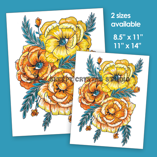 Orange Eye Flower trio print