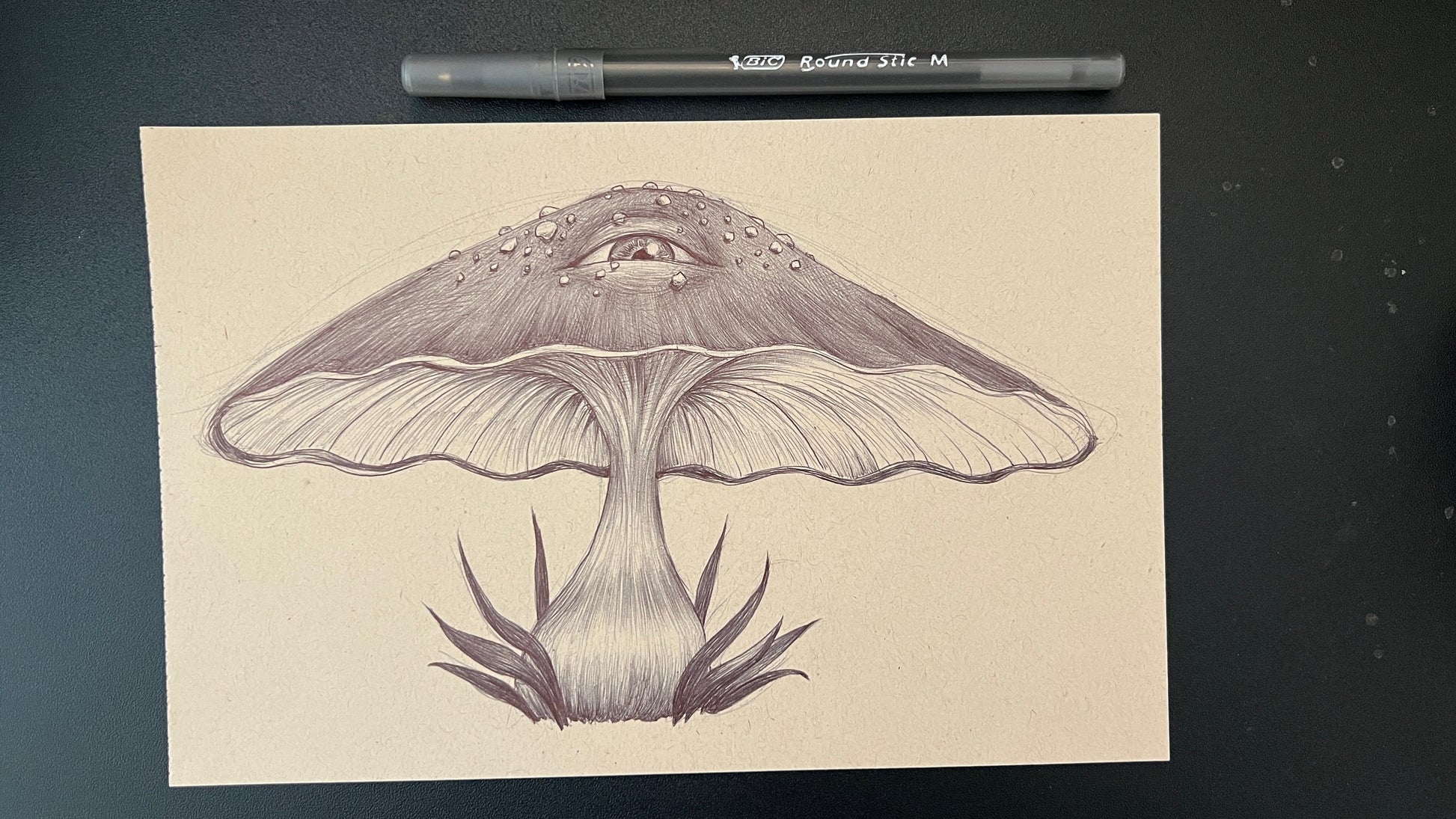 Detailed illustration of a mushroom on a beige card with a pen on a black background