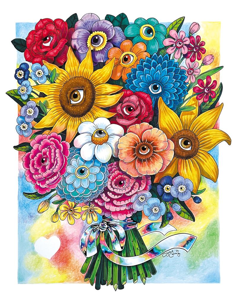 Colorful floral artwork featuring sunflowers, roses, daisies, and other flowers with expressive eyes, arranged in a bouquet on a pastel watercolor background with a white heart and ribbon detail.