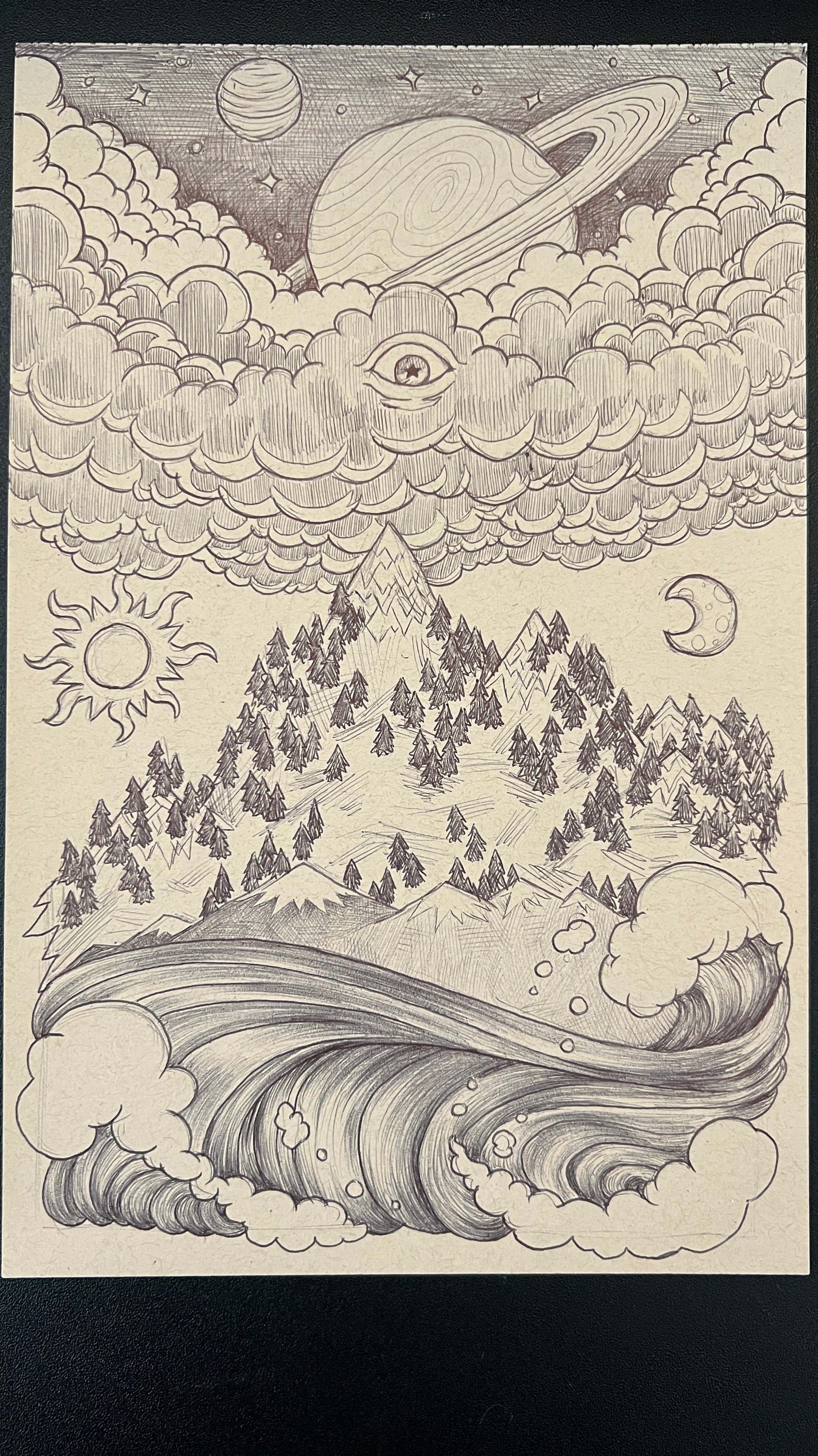 Illustration of a mountain landscape with celestial elements like planets and moons.