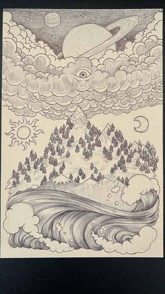 Illustration of a mountain landscape with celestial elements like planets and moons.