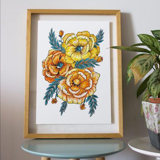 Orange Eye Flower trio print