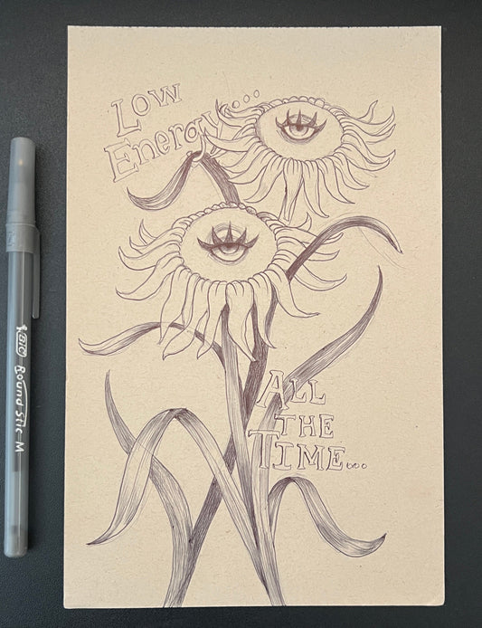 Hand-drawn card with floral design and text on a black background