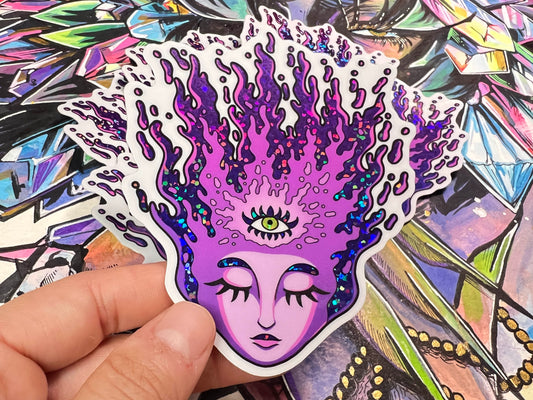 Glitter Holo Purple Fire Head Sticker