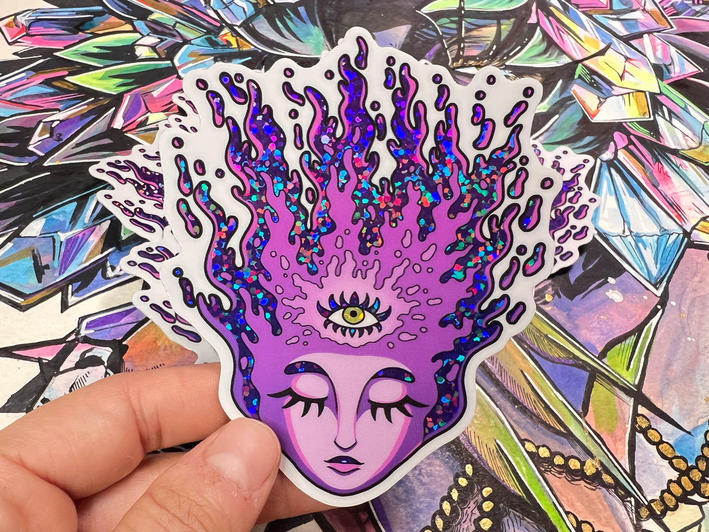 Glitter Holo Purple Fire Head Sticker